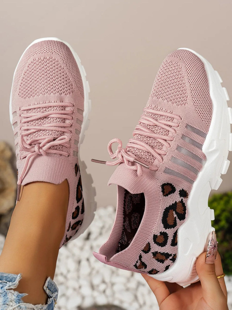 Cutout Leopard Lace Up Mesh Athletic Sneakers - Easy Pickins Store