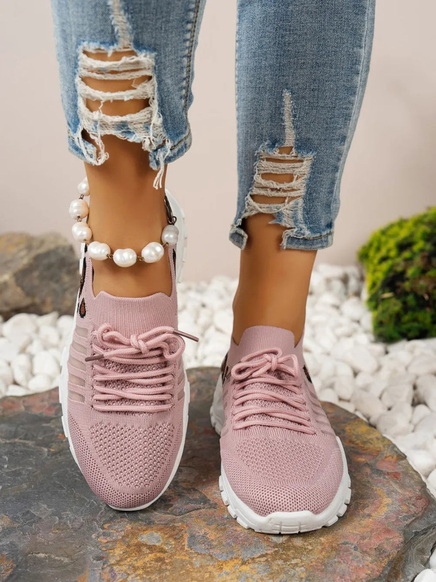 Cutout Leopard Lace Up Mesh Athletic Sneakers - Easy Pickins Store