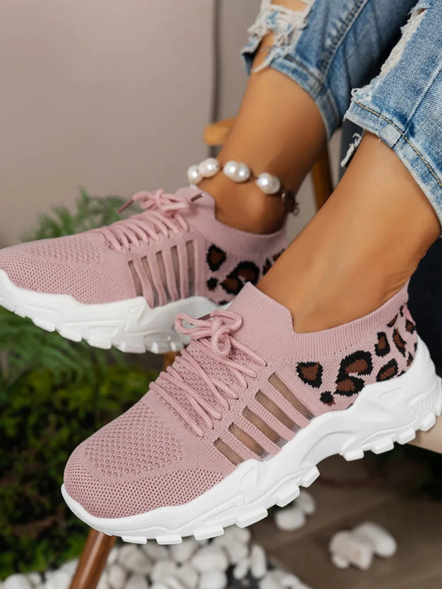 Cutout Leopard Lace Up Mesh Athletic Sneakers - Easy Pickins Store