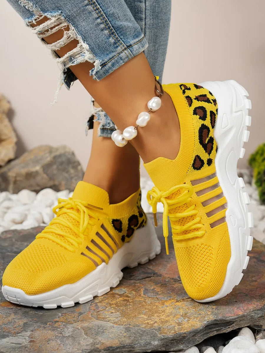Cutout Leopard Lace Up Mesh Athletic Sneakers - Easy Pickins Store