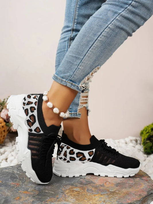 Cutout Leopard Lace Up Mesh Athletic Sneakers - Easy Pickins Store