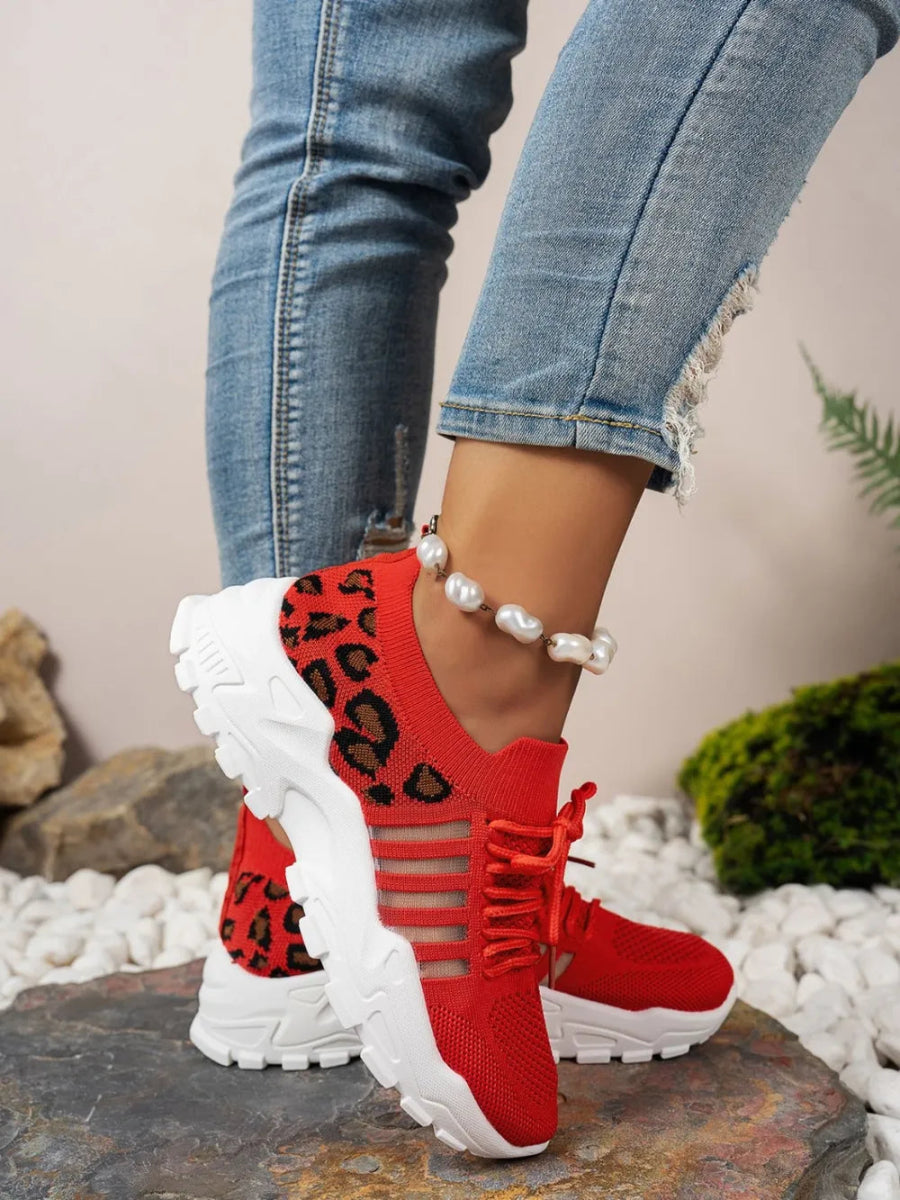 Cutout Leopard Lace Up Mesh Athletic Sneakers - Easy Pickins Store