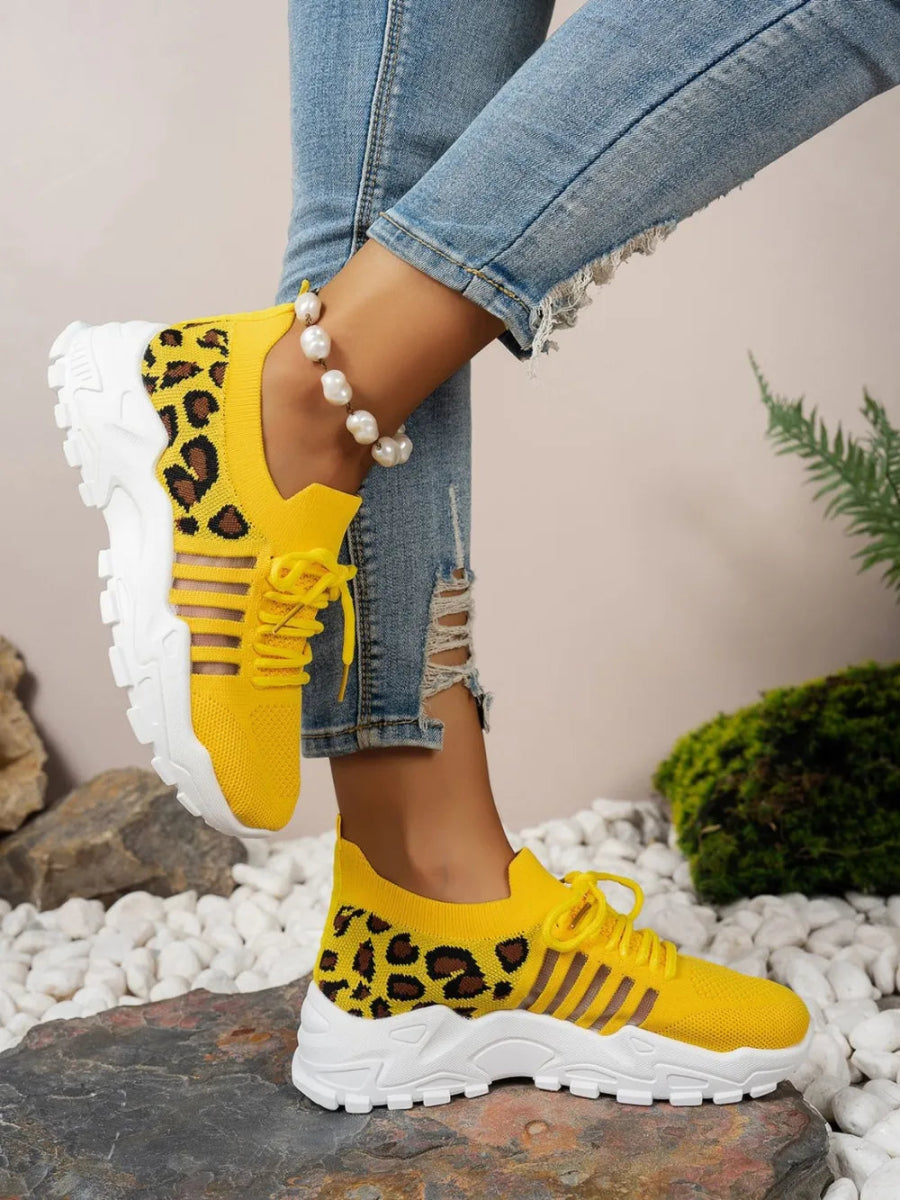 Cutout Leopard Lace Up Mesh Athletic Sneakers - Easy Pickins Store