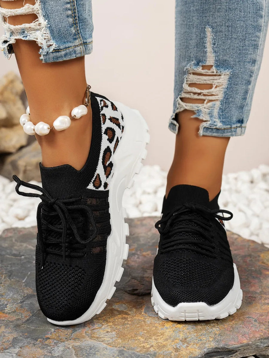 Cutout Leopard Lace Up Mesh Athletic Sneakers - Easy Pickins Store