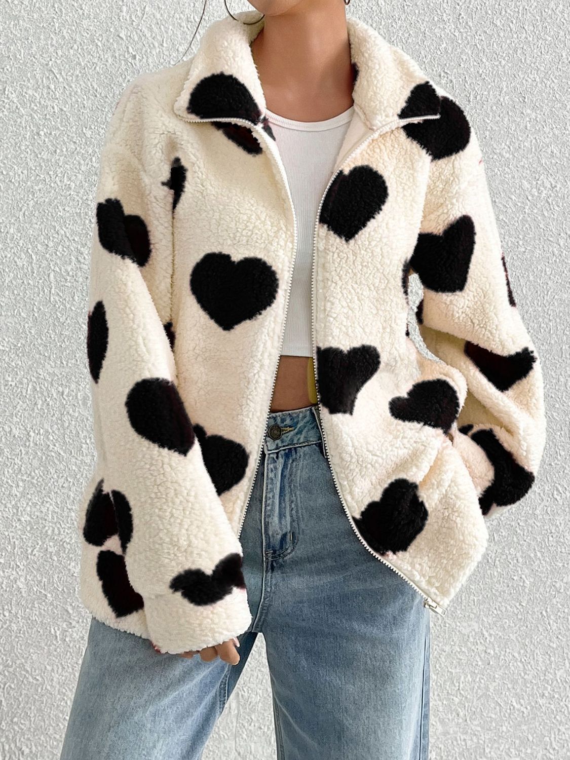 Heart Zip Up Drop Shoulder Furry Jacket - Easy Pickins Store