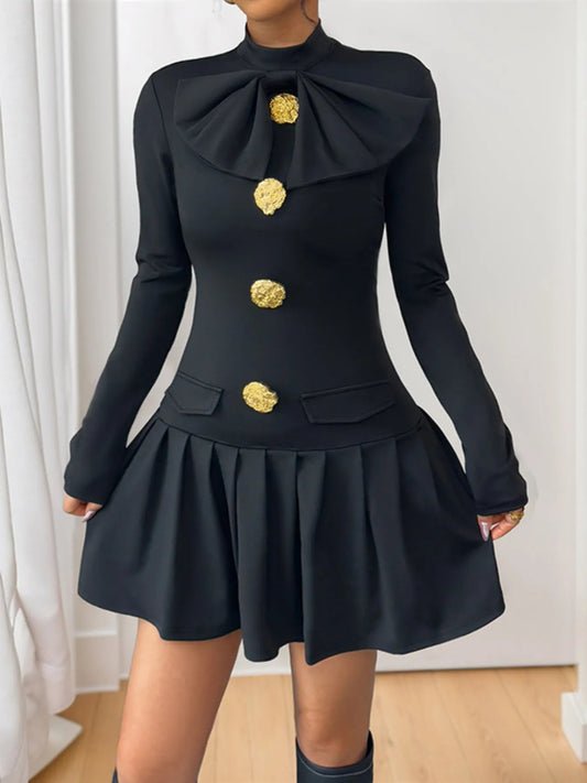 Decorative Button Mock Neck Long Sleeve Mini Dress - Easy Pickins Store