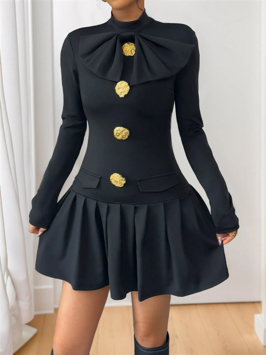 Decorative Button Mock Neck Long Sleeve Mini Dress - Easy Pickins Store