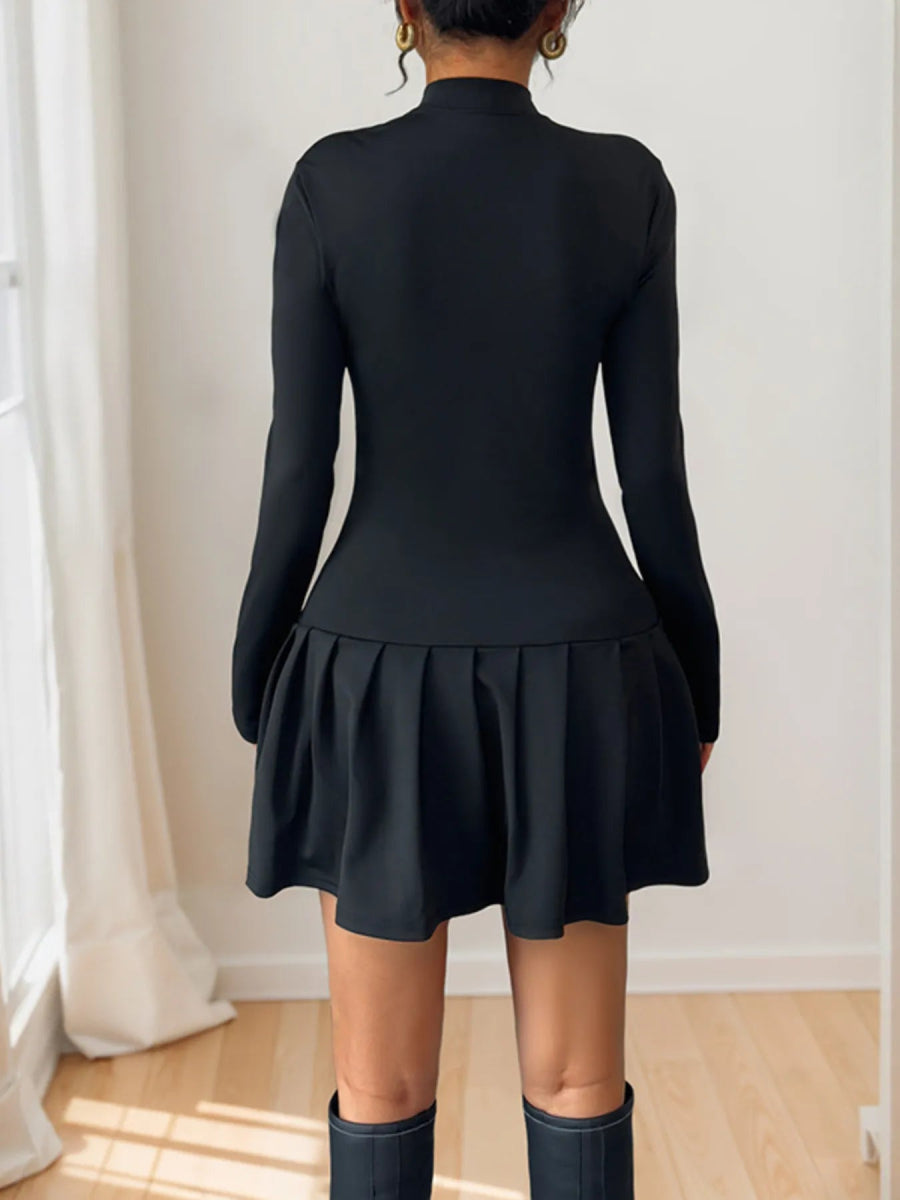 Decorative Button Mock Neck Long Sleeve Mini Dress - Easy Pickins Store