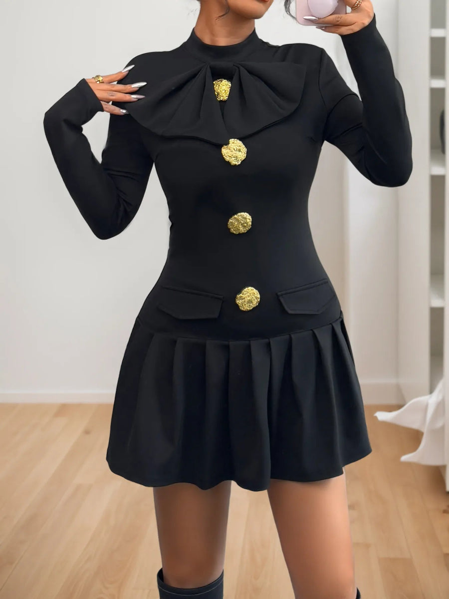 Decorative Button Mock Neck Long Sleeve Mini Dress - Easy Pickins Store