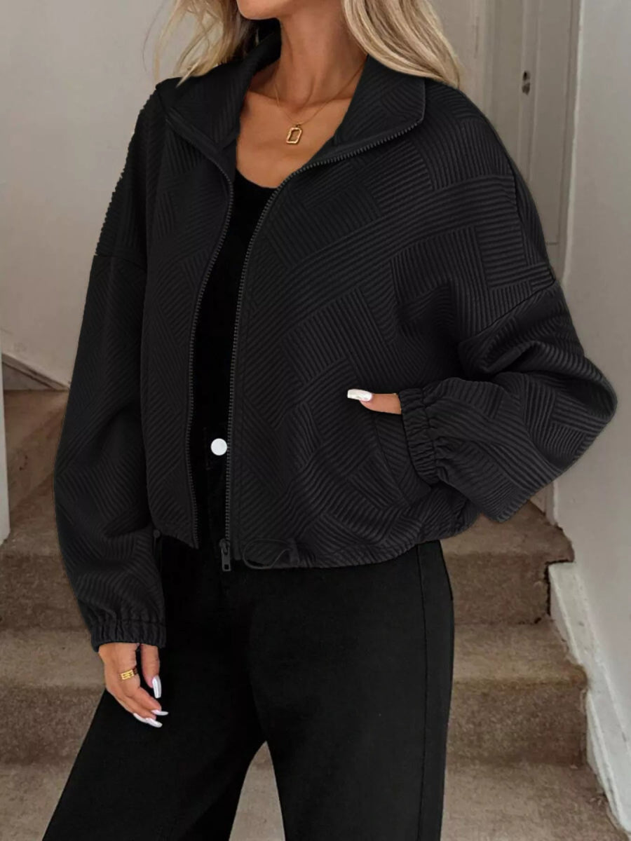 Drawstring Hem Textured Long Sleeve Jacket - Easy Pickins Store