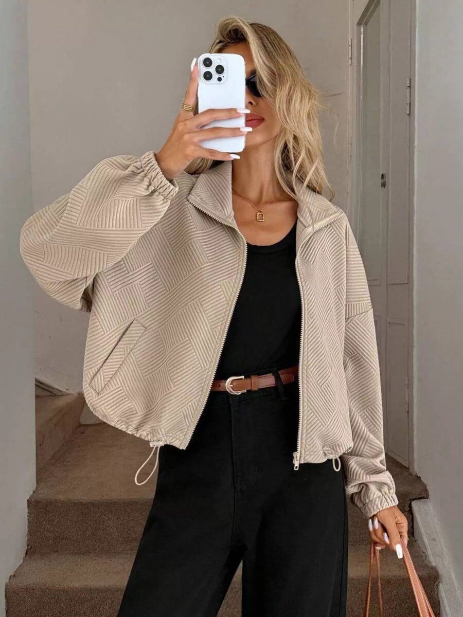 Drawstring Hem Textured Long Sleeve Jacket - Easy Pickins Store