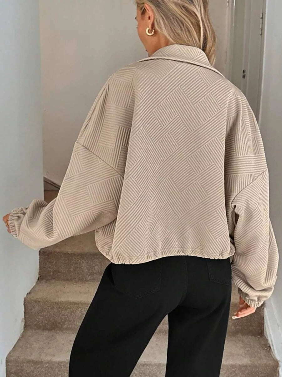 Drawstring Hem Textured Long Sleeve Jacket - Easy Pickins Store