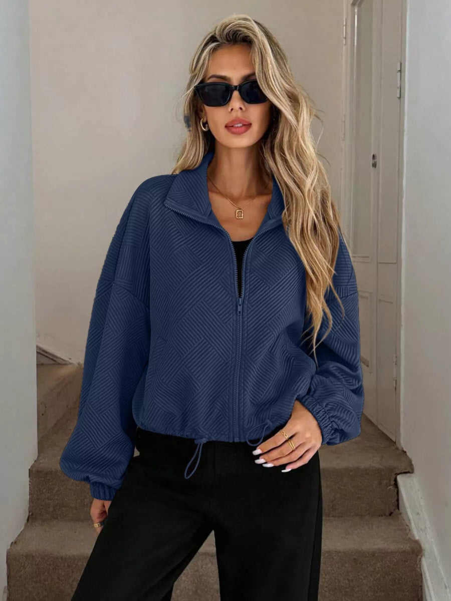 Drawstring Hem Textured Long Sleeve Jacket - Easy Pickins Store