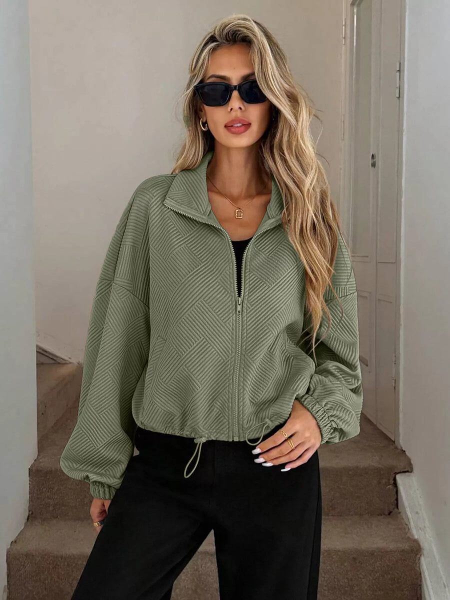 Drawstring Hem Textured Long Sleeve Jacket - Easy Pickins Store