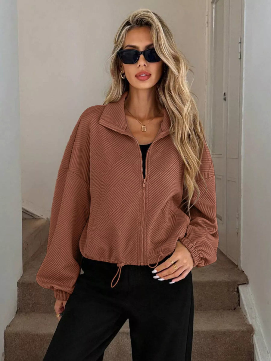 Drawstring Hem Textured Long Sleeve Jacket - Easy Pickins Store