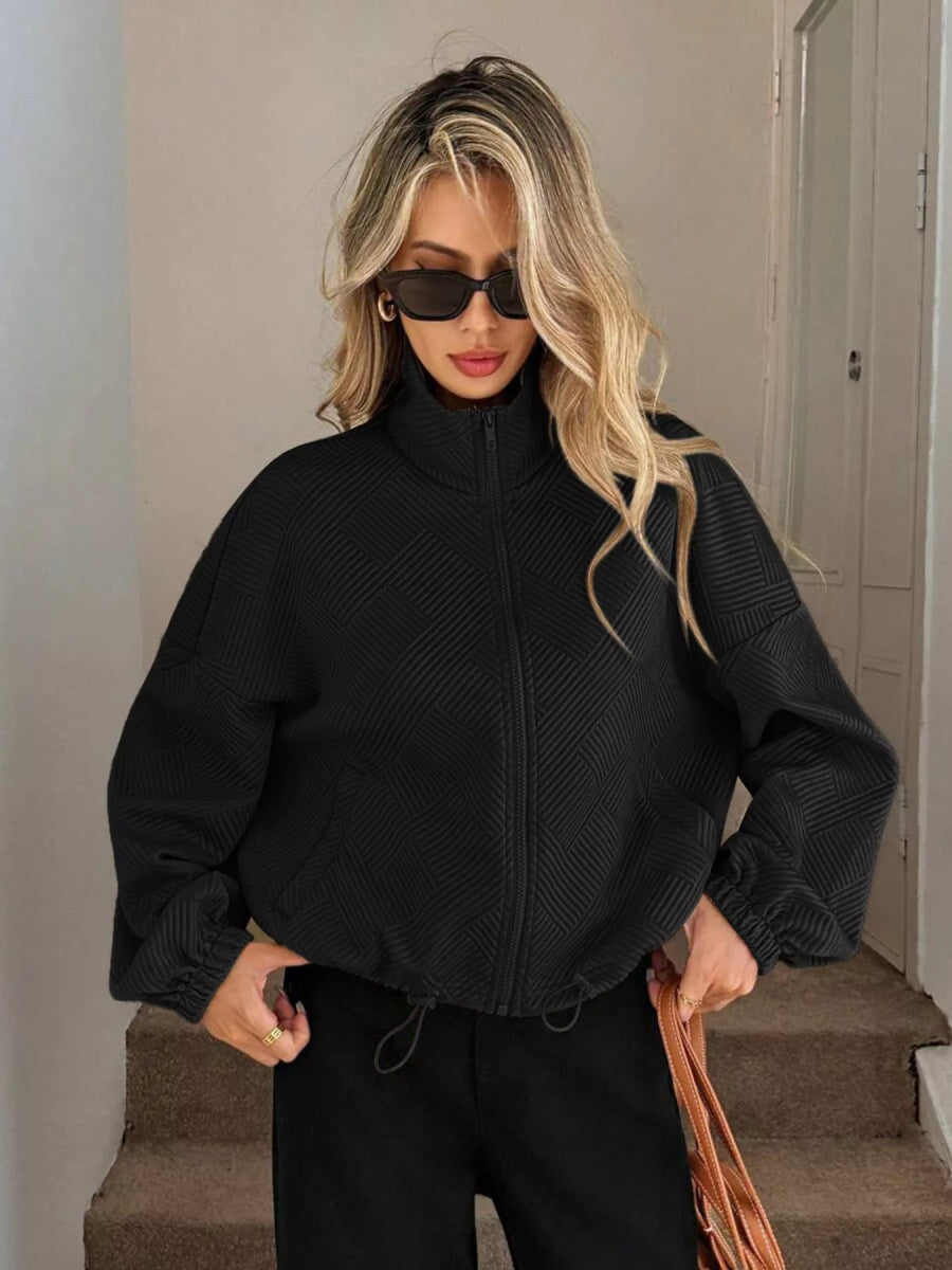 Drawstring Hem Textured Long Sleeve Jacket - Easy Pickins Store