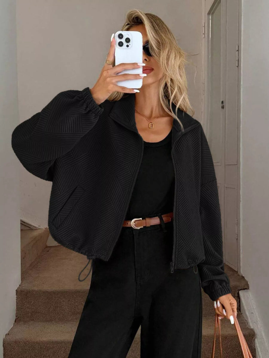 Drawstring Hem Textured Long Sleeve Jacket - Easy Pickins Store