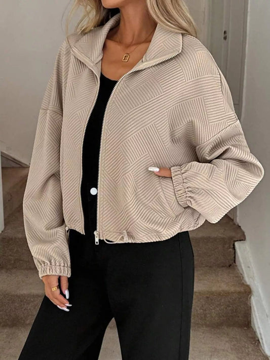 Drawstring Hem Textured Long Sleeve Jacket - Easy Pickins Store