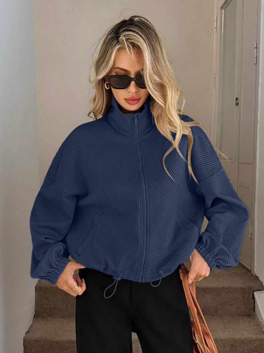 Drawstring Hem Textured Long Sleeve Jacket - Easy Pickins Store