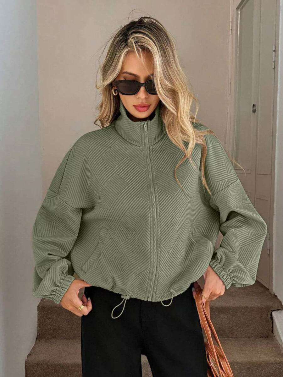 Drawstring Hem Textured Long Sleeve Jacket - Easy Pickins Store