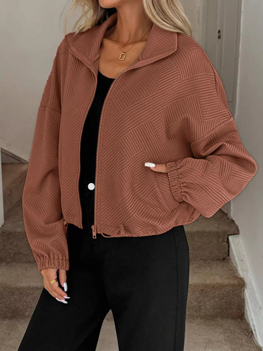 Drawstring Hem Textured Long Sleeve Jacket - Easy Pickins Store