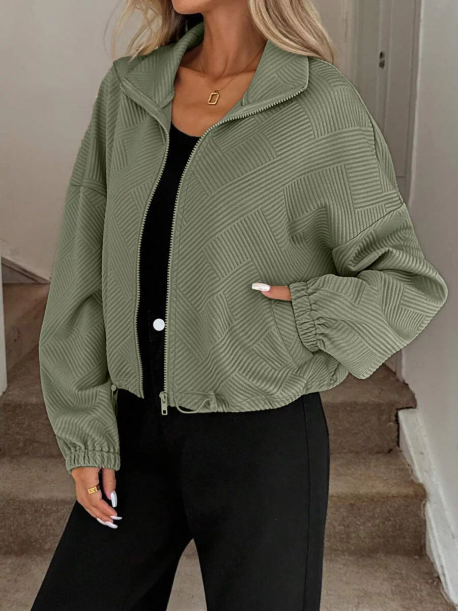 Drawstring Hem Textured Long Sleeve Jacket - Easy Pickins Store
