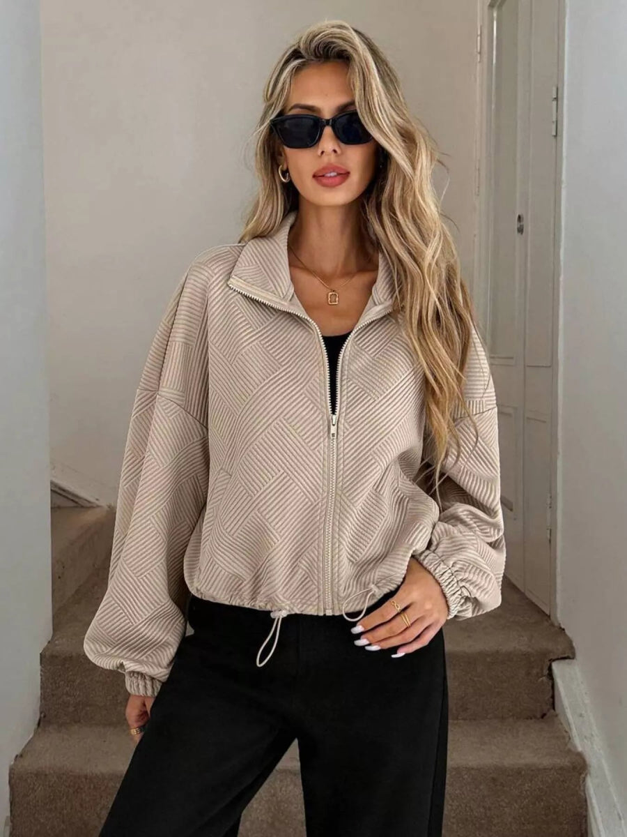 Drawstring Hem Textured Long Sleeve Jacket - Easy Pickins Store