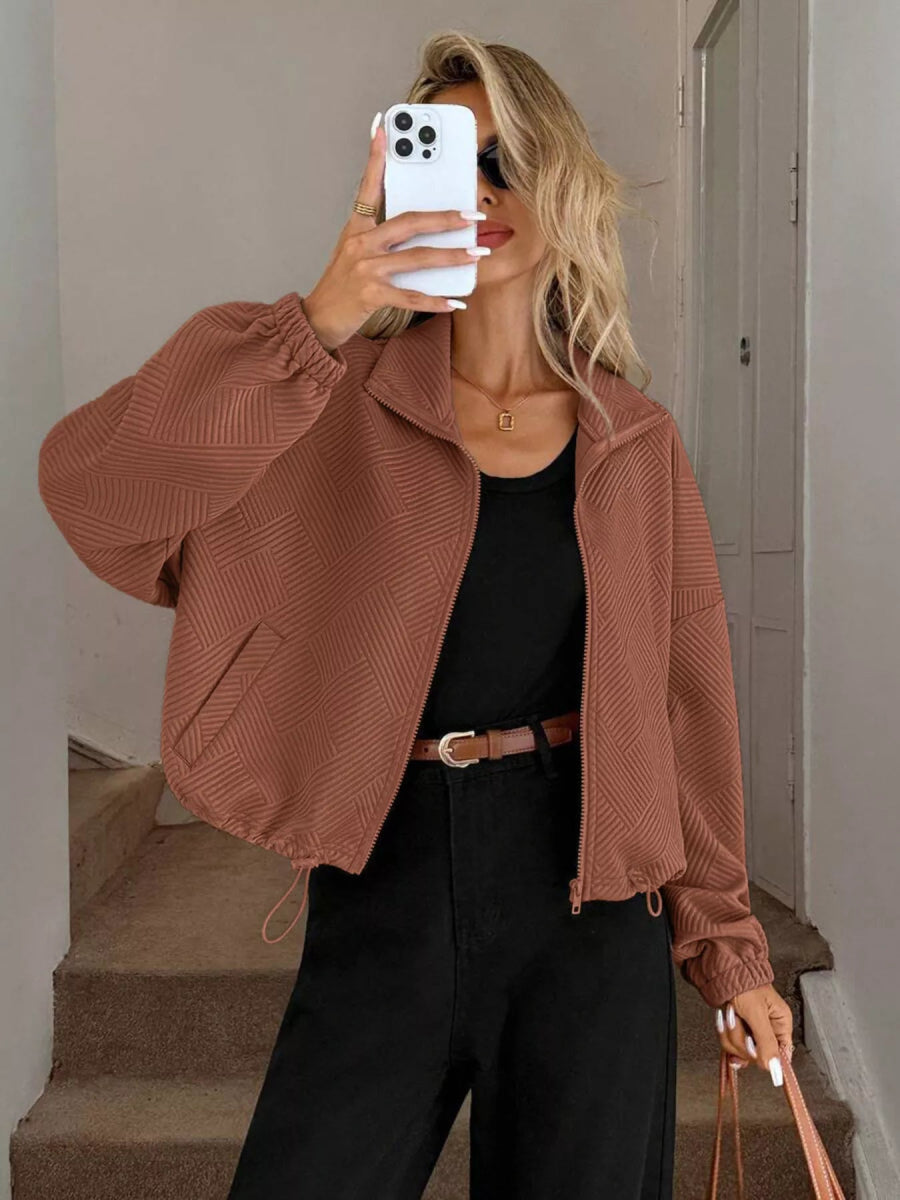 Drawstring Hem Textured Long Sleeve Jacket - Easy Pickins Store