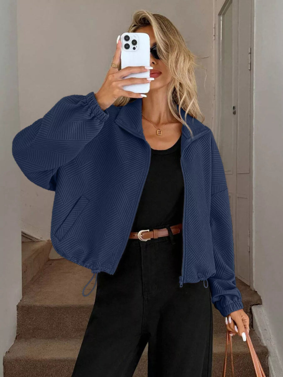 Drawstring Hem Textured Long Sleeve Jacket - Easy Pickins Store