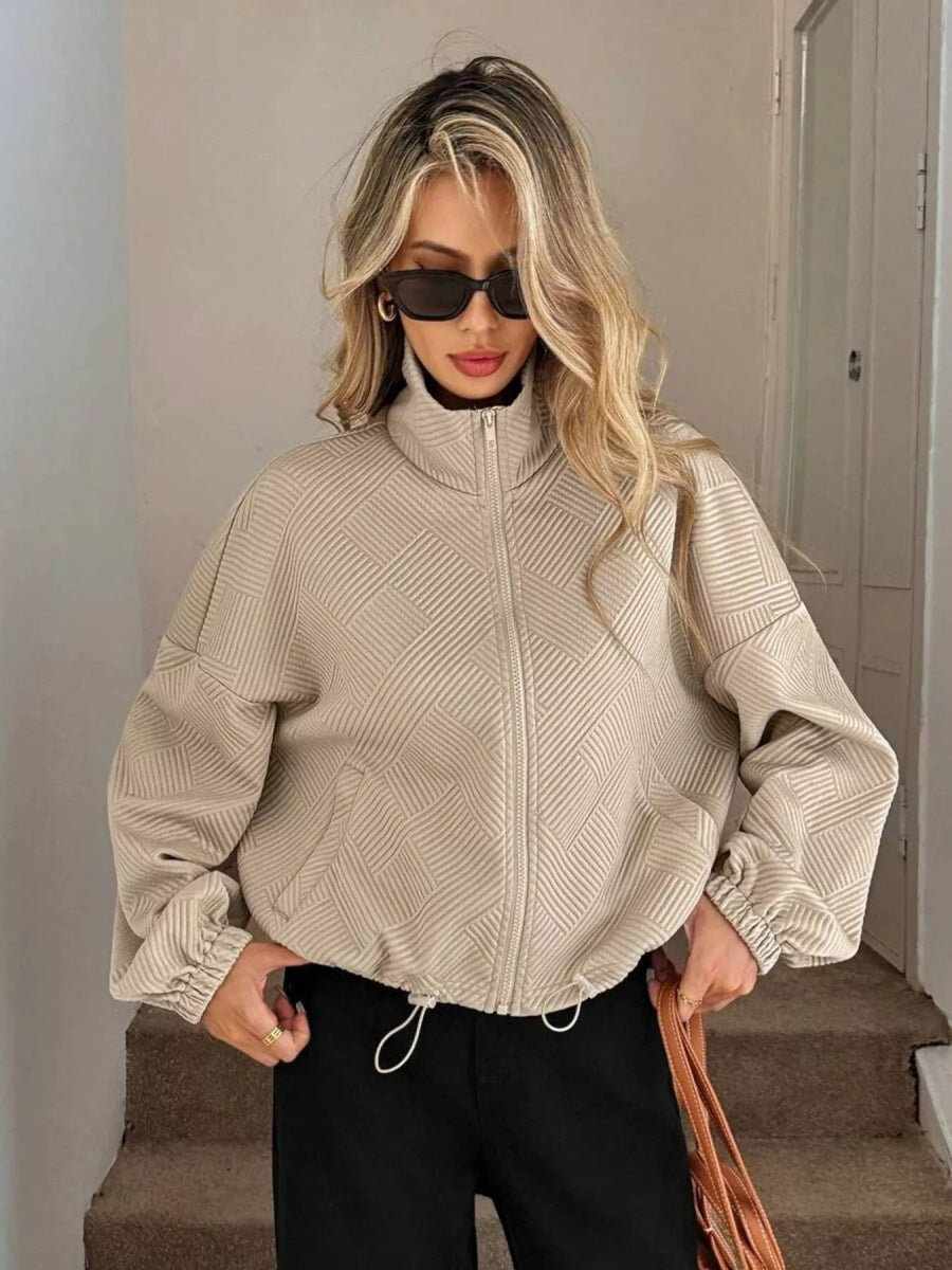Drawstring Hem Textured Long Sleeve Jacket - Easy Pickins Store