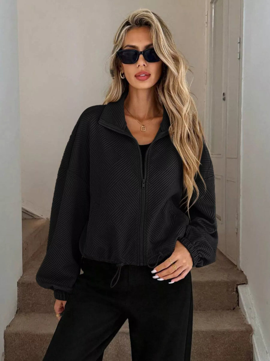 Drawstring Hem Textured Long Sleeve Jacket - Easy Pickins Store