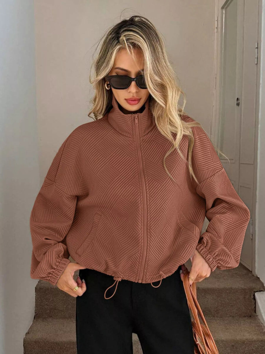 Drawstring Hem Textured Long Sleeve Jacket - Easy Pickins Store