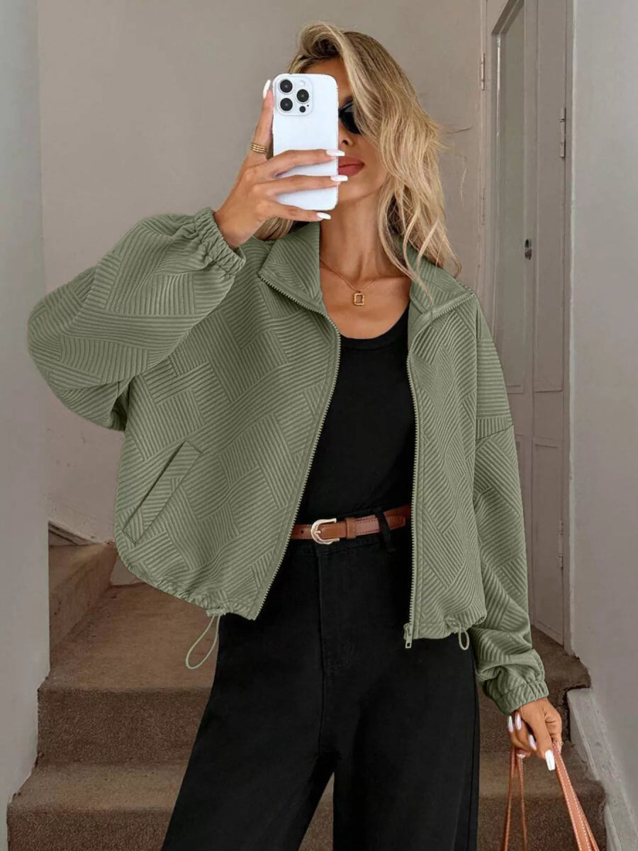 Drawstring Hem Textured Long Sleeve Jacket - Easy Pickins Store