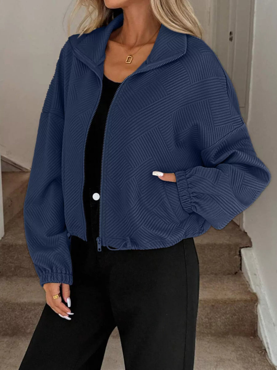 Drawstring Hem Textured Long Sleeve Jacket - Easy Pickins Store