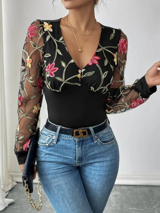 Embroidered V - Neck Long Sleeve Bodysuit - Easy Pickins Store