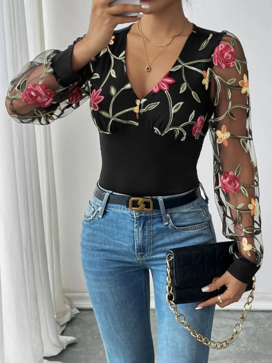 Embroidered V - Neck Long Sleeve Bodysuit - Easy Pickins Store