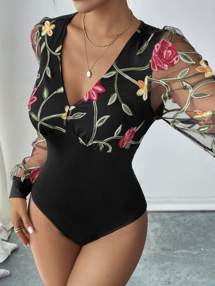 Embroidered V - Neck Long Sleeve Bodysuit - Easy Pickins Store
