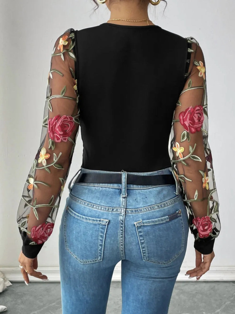 Embroidered V - Neck Long Sleeve Bodysuit - Easy Pickins Store