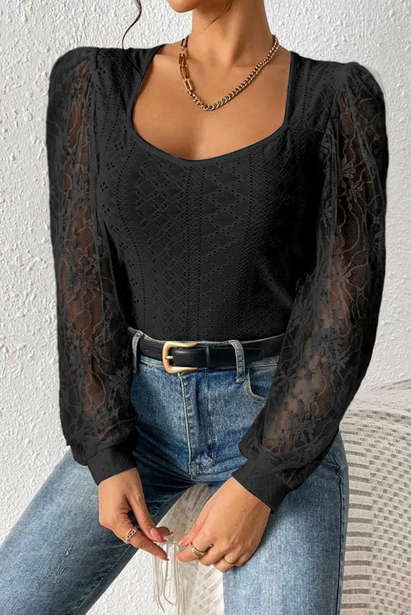 Eyelet Lace Long Sleeve Bodysuit - Easy Pickins Store