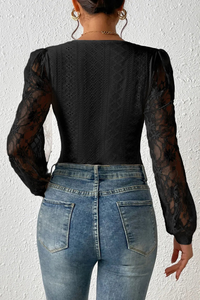 Eyelet Lace Long Sleeve Bodysuit - Easy Pickins Store