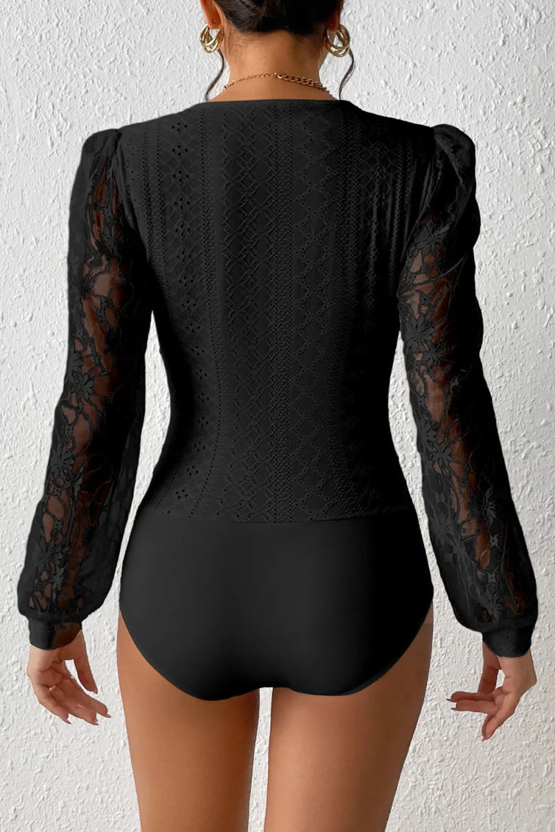Eyelet Lace Long Sleeve Bodysuit - Easy Pickins Store