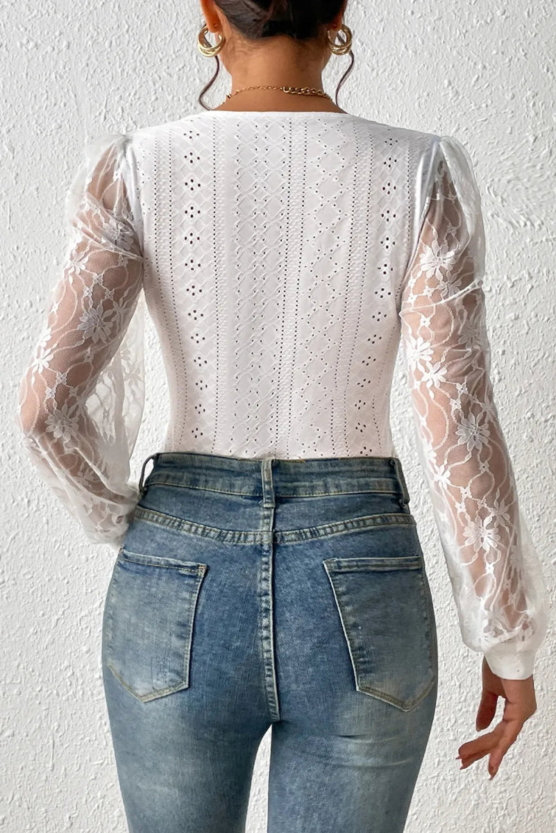 Eyelet Lace Long Sleeve Bodysuit - Easy Pickins Store