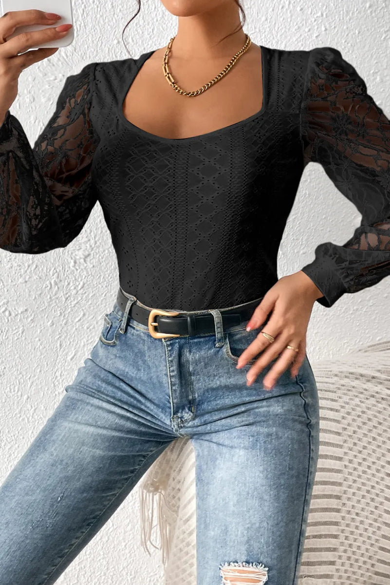 Eyelet Lace Long Sleeve Bodysuit - Easy Pickins Store