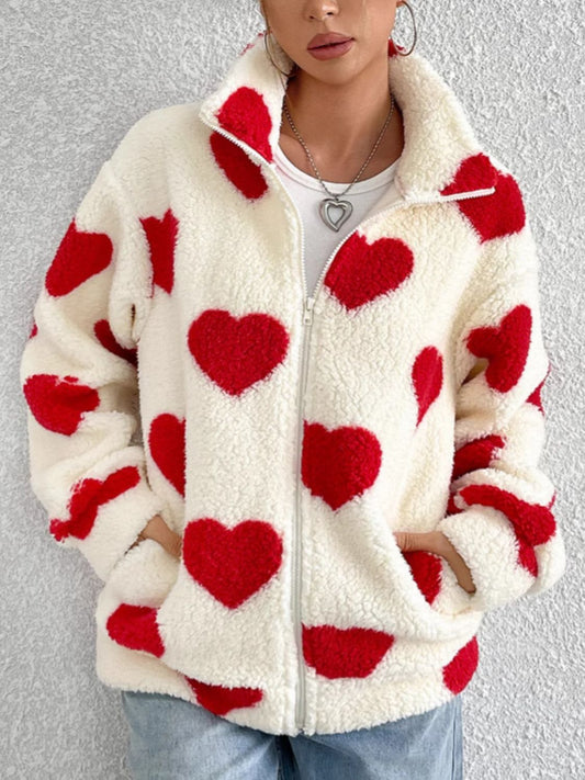 Heart Zip Up Drop Shoulder Furry Jacket - Easy Pickins Store