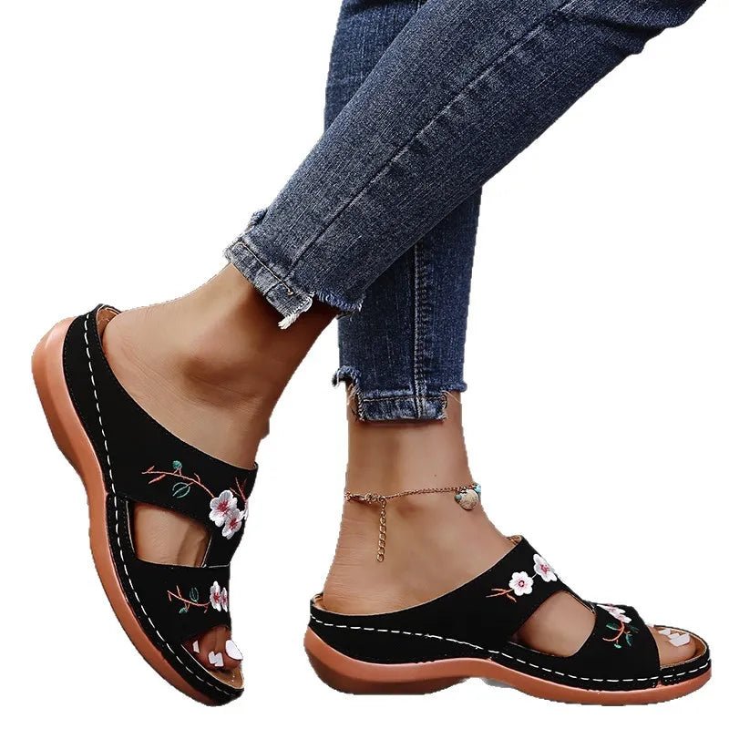 Floral Embroidered Cutout Sandals - Easy Pickins Store