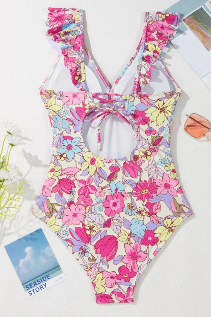 Floral Ruffle Trim Tummy Control One Piece Swimsuit - Easy Pickins Store