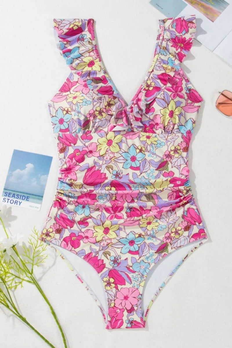 Floral Ruffle Trim Tummy Control One Piece Swimsuit - Easy Pickins Store