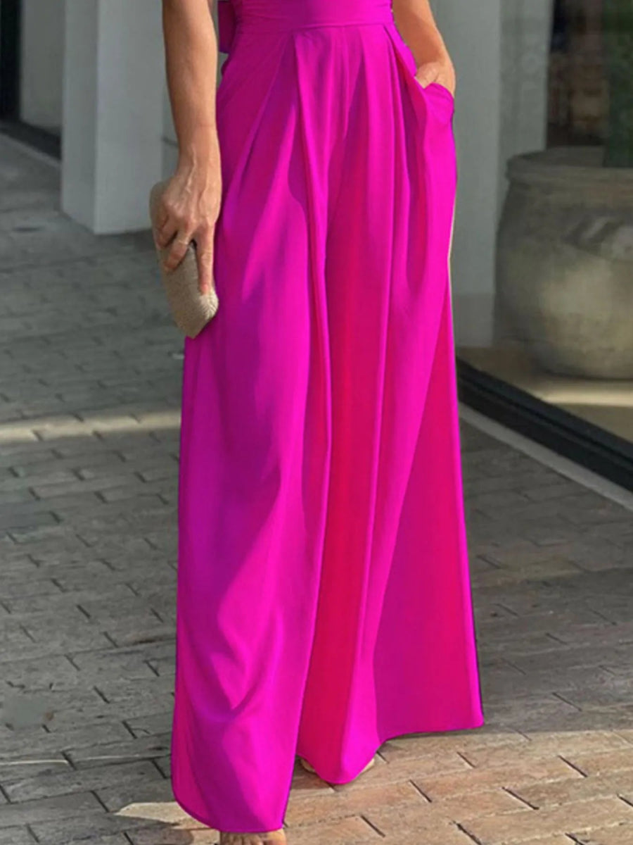 Full Size Cutout V - Neck Puff Sleeve Jumpsuit Plus Size - Easy Pickins Store