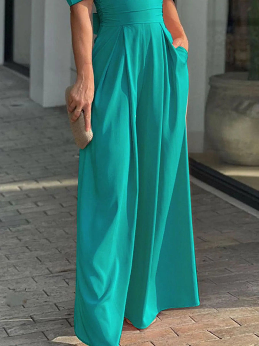 Full Size Cutout V - Neck Puff Sleeve Jumpsuit Plus Size - Easy Pickins Store