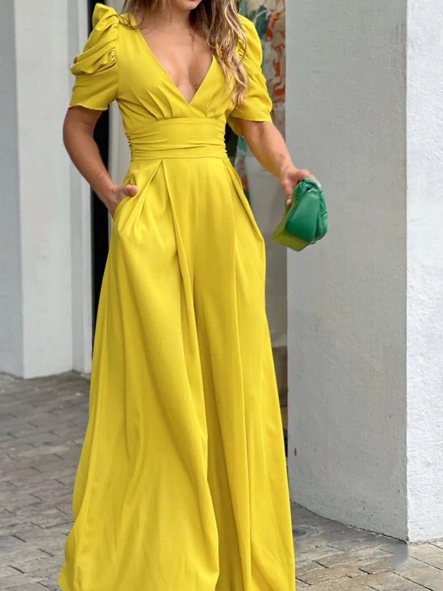Full Size Cutout V - Neck Puff Sleeve Jumpsuit Plus Size - Easy Pickins Store